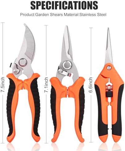 3 Pcs Garden Pruning Shears, Stainless Steel Gardening Scissors