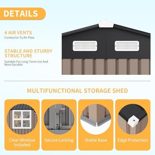 Garvee 8x10 ft Heavy-Duty Metal Storage Shed with Lockable Door & Windows - Galvanized Steel Outdoor Utility Shed with Sloped Roof for Backyard, Garden, Garage, and Patio, Brown