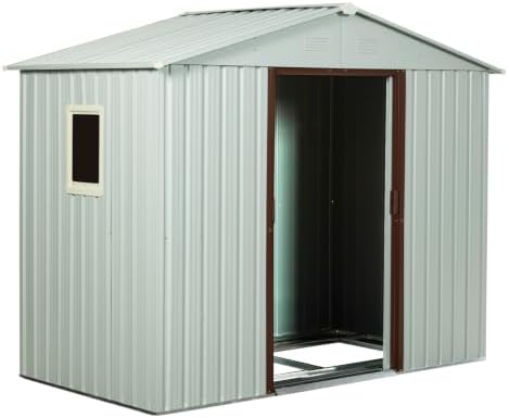 8 x 4 FT Outdoor Storage Shed, Metal Garden Shed with Floor Frame, Tool Shed Outdoor Storage with Lockable Sliding Doors & Window & Air Vents, Storage House Waterproof for Backyard, Lawn, White