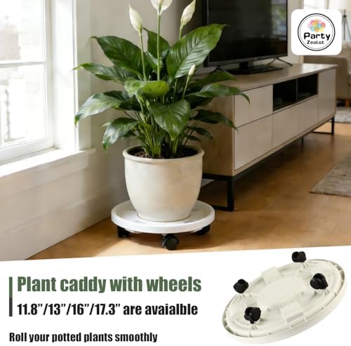 4-pack 16" Extra-large Plant Caddy with Wheels Plastic Plant Dolly with Locking Caster Flower Pot Mover Rollers Wheeled Rolling Plant Stands Round Plant Saucer Indoor Outdoor Base Coasters White