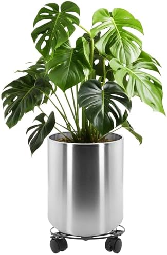 9.8 Inch Dia Round Planter, Modern Indoor Outdoor Large Stainless Steel Plant Pot and Plant Caddy with Wheels for Home Patio Garden, Easy to Clean and Move