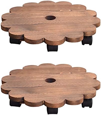 TITA-DONG 8 Inch Rolling Wooden Planter Caddy, 2 Pack Heavy Duty Movable Flower Type Pot Stand, Rustic Round Plant Pot Stand with Wheels for Indoor Outdoor Home Garden