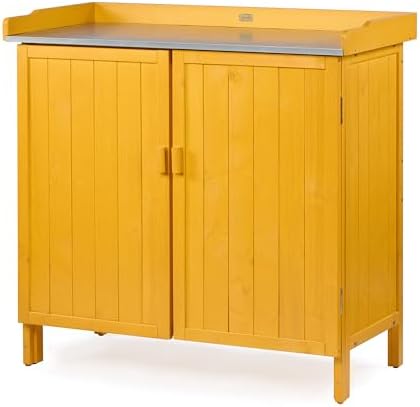 HABAU Outdoor Storage Cabinet with Potting Bench & Metal Tabletop, Wooden Planting Workstation for Garden Patio, Weatherproof