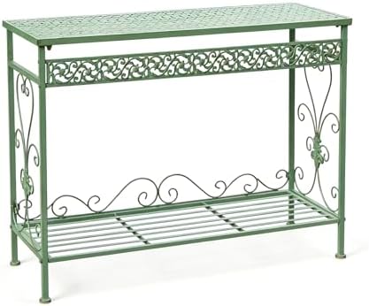 Vintage Wrought Iron Plant Stand & Potting Bench, Indoor & Outdoor Shelving for Gardening, Metal Shelves & Table for Patio Flowers & Plants(Double-Layer, Green)