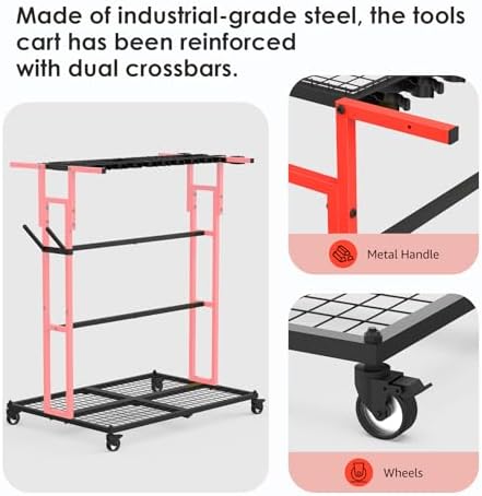CCCEI Garage Organization with Wheels, Outdoor Gargen Yard Shed Tools Organizer Cart, Home Storage for Cleaning Supplies, Broom Holder, for Shovel and Rake, Long Farming and Farming Tools, Red.