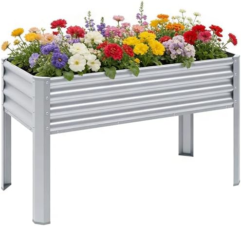 Galvanized Raised Garden Bed with Legs, 43×24×32in Large Metal Elevated Raised Planter Box with Drainage Holes for Backyard, Patio, Balcony, 400lb Capacity,Sliver