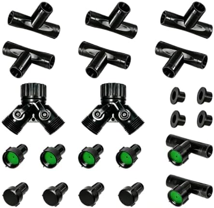 3/8" Soaker Hose Fittings Kit, Garden Hose Irrigation Connectors with Two-Way Valve Connectors, Tees, Feeders, Plugs, Male & Female Connectors, Drip System Parts for Garden Lawn