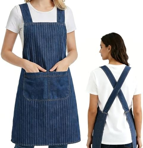 Denim Cross Back Aprons for Women with Front Pockets