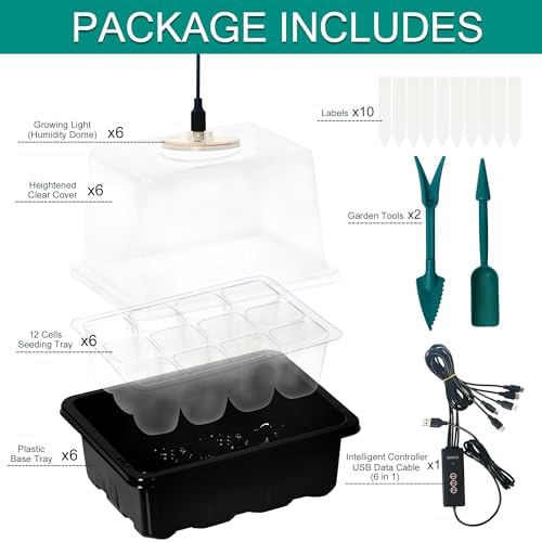 6-Set Seed Starter Tray with Grow Light, Seed Starting Trays Kits with Timing Controller Adjustable Humidity Domes Heightened Lids(12-Cells Per Tray)