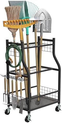 Garage Garden Tool Organizer with Wheels - Yard Tool Storage Rack with 28 Slots for Long Handles, 10 Hooks, 2 Cord Wrappers, and Locking Wheels - Shed or Garage Organization by Pure Garden