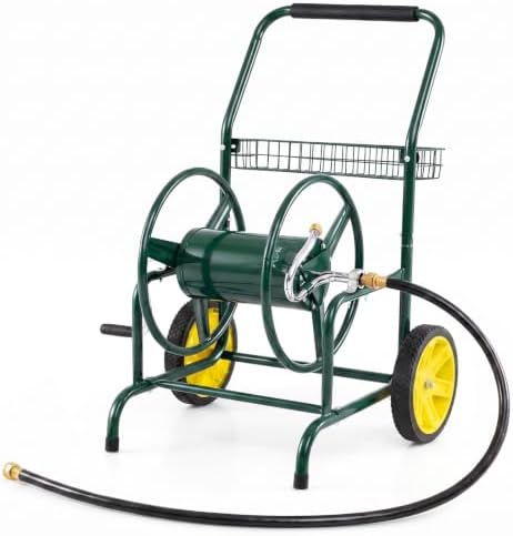 Goplus Garden Hose Reel Cart, 230ft 5/8" or 300ft 1/2" Heavy-Duty Metal Hose Cart w/ 2 Wheels, Storage Basket, Portable Water Hose Organizer for Yard Planting Lawn