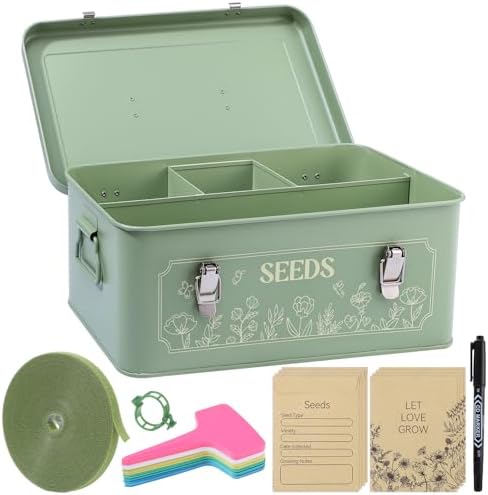 Pimoys Metal Seed Storage Box With Lid, 4 Compartments, Garden Organizer