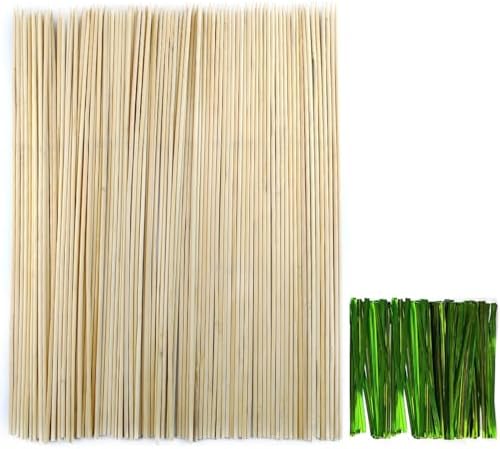 100PCS 18" Wooden Garden Stakes with 100PCS 4" Garden Ties, Green Bamboo Sticks, Floral Plant Support, Tomato Stakes (Natural)