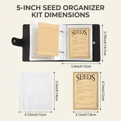 Seed Storage Organizer Binder, Efficient Seed Packet Organizer with 50 Pack Seed Envelopes, PU Garden Seed Holder Book, Seed Binder for Garden Planner, Flower Seed Keeper (Black)