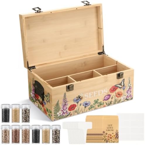 Lineshading Wildflower Bamboo Seed Storage Organizer Box with Lid, Wood