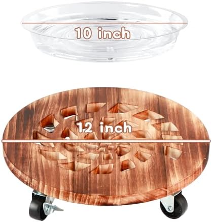 4 Pack Plant Caddy with Wheels Heavy Duty 12 Inch Wooden Plant Stand with Wheels Plant Dolly Rolling Plant Stand Plant Roller with Casters for Indoor and Outdoor with 4 Pack Plant Saucers, Round