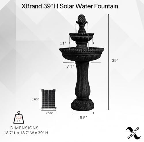 XBrand 39" 2-Tier Outdoor Freestanding Solar Water Fountain - Classic Design, Black Resin Bird Bath with Pump - Ideal for Yard, Lawn and Garden, Porch Décor
