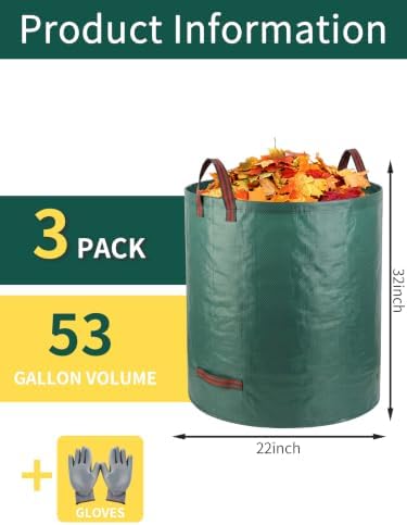 3 Pack 53Gal Tear-Resistant Reusable Yard Waste Bags with Gloves