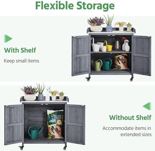 Yaheetech Rolling Potting Bench Outdoor Storage Cabinet, Metal Top, Gray