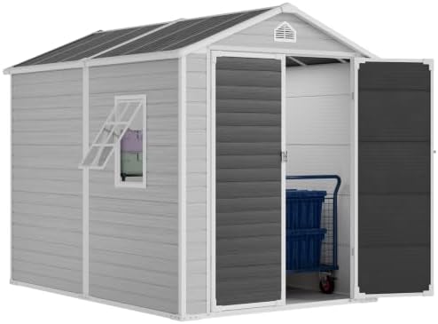 6x8x8 FT Outdoor Resin Storage Shed with Floor, Heavy-Duty 21-Gauge Steel Frame & 14mm Ultra-Thick Walls,Multi-Purpose Storage Building with 2 DIY Windows for Bikes, Lawnmowers, Garden Gear
