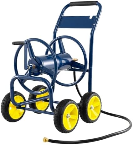Garden Hose Reel Cart, Mobile Water Hose Cart with Heavy-duty Metal Frame & 4 Solid Wheels, Hold up to 330 ft of 5/8" Hoses, Outdoor Planting Tool for Lawn & Backyard (Navy Blue)