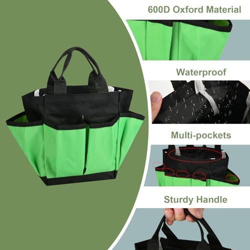 Small Garden Tool Bag Waterproof Gardening Hand Tool Storage Bag Heavy Duty Oxford Tote Organizer Bag with 8 Pockets, Garden Utensil Handbag for Women Men (Green)
