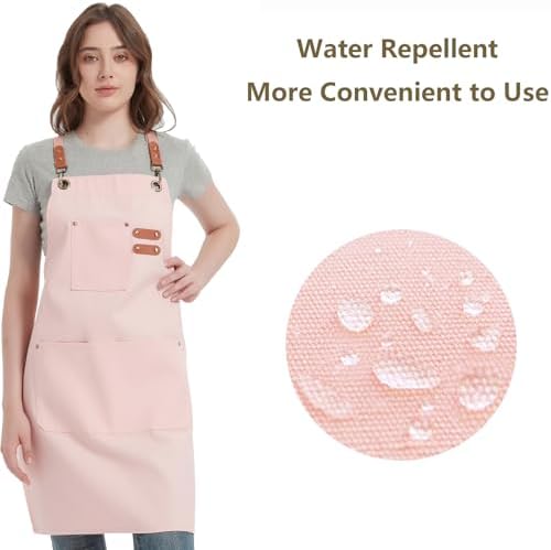 AFUN Chef Aprons for Women Men with Oversized Pockets, 12-Ounce Cotton Canvas Cross Back Water Repellent Apron (Light Pink)