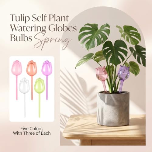 15 Pcs Plastic Watering Bulbs for Indoor Plants, Flower Shaped Watering Globes Tulip Self Water Devices, Automatic Plant Water Globes Bulk for Indoor Outdoor Garden Decoration, 5 Colors