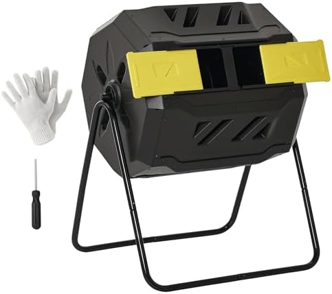 Compost Tumbler Bin, 160L Dual Chamber with 360-Degree Rotation, Yellow