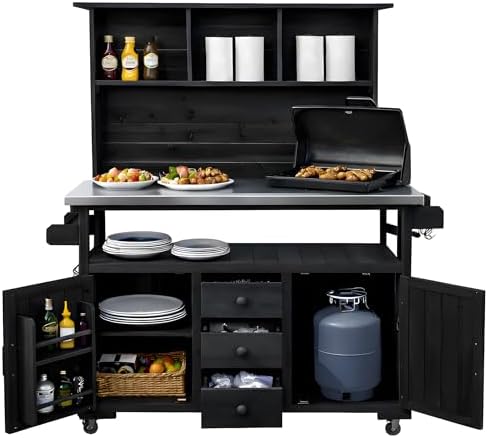 GDFStudio Preden Outdoor Storage Bench Table with Cabinet, Patio Wooden Potting Bench, Garden Storage Work Bench with Stainless Steel Top, Drawers, Cabinets, Shelves and Hooks, Kitchen Island, Black