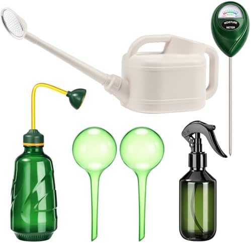 Reallnaive 6-piece Indoor Watering Can Set – 1 Gal Can, 6.8 oz Spray, 15 oz Squeeze, Plant Watering Globes & Soil Moisture Meter, Indoor & Outdoor Plant Care(White)