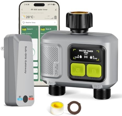 WiFi Water Timer 2 Outlet for Garden Hose, Smart Sprinkler Controller with 984ft RF Range, Smart Lawn Watering System Irrigation Timer, APP/Voice Control, Rain Delay, Manual Irrigation