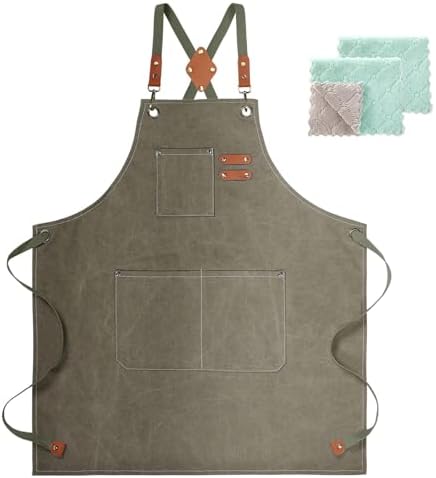 Cotton Canvas Cross Back Apron for Men and Women,Chef Apron With Adjustable Strap and Large Pockets,Kitchen Cooking Baking Bib Heavy Duty Work Apron