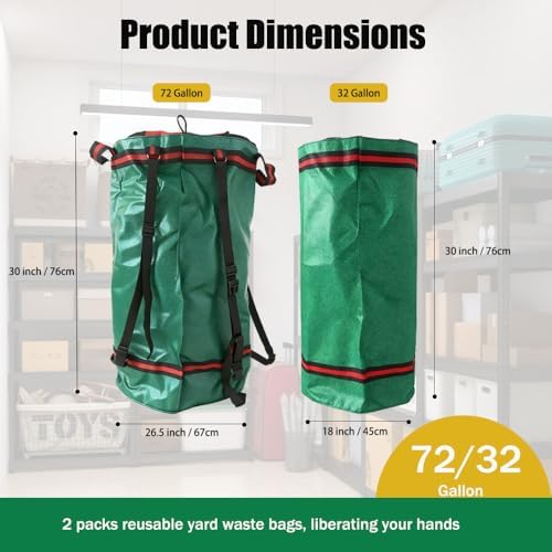 2 Packs Double shoulder straps Collection Leaf Bags - 72 & 32 Gallon Heavy Lawn Trash Bags with Reinforced Handles for Leaves Garden Clean Up,Garden Debris & Tool Storage, Collapsible for Easy Storage