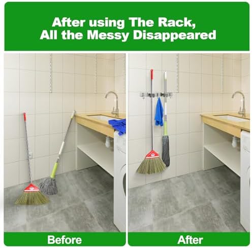 voze 2 Racks and 3 Hooks Mop and Broom Holder Wall Mount, Self Adhesive Heavy Duty Broom Organizer Storage Tool Racks for Kitchen Garden Laundry Garage