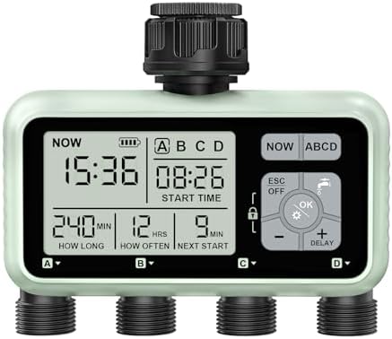 Watering Timer 4 Zone, Sprinkler Timer,Programmable Garden Outdoor Hose Faucet Timer with Rain Delay/Manual/Automatic Watering System,Water Hose Irrigation Timers 4 Outlet for Garden Lawn