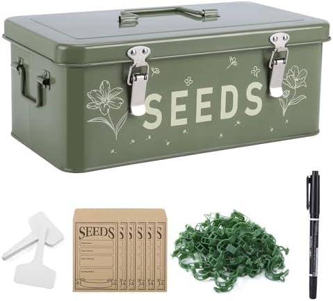 Seed Storage Organizer with Locking Lid, Metal Seed Packet Container with 4 Compartments, Includes 50 Seed Envelopes 100 Plant Labels 50 Plant Clips 1 Marker Pen, Saving Box Gift for Gardeners