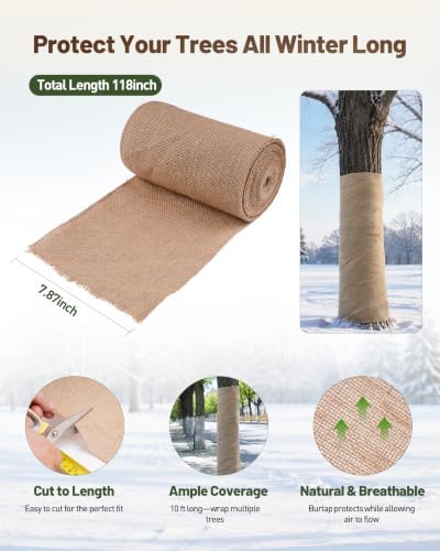 4 Rolls Burlap Tree Wrap, 118''x 8'' Breathable Winter Garden Plants Tree Cover for Frost Protection, Helps Insulate Trees & Reduce Moisture Loss & Bark Protection for Trees, Shrubs and Young Plants