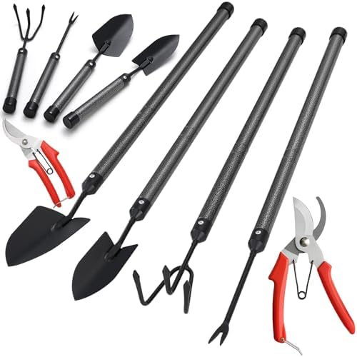 Garden Tools Set with Extension Handles, 5 Piece Thick Gardening Hand Tools, Heavy Duty Steel Rust-Proof Weeding Planting Tool Ideal Gardening Kit Gifts for Women and Men