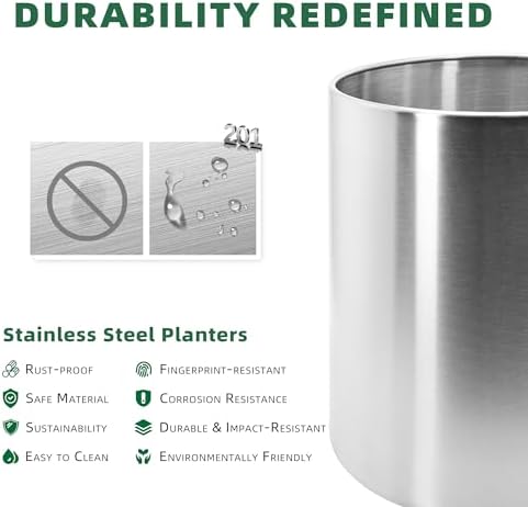 11.8 Inch Dia Round Planter, Modern Indoor Outdoor Large Stainless Steel Plant Pot and Plant Caddy with Wheels for Home Patio Garden, Easy to Clean and Move
