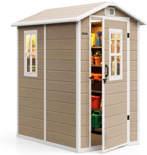 DWVO Outdoor Storage Shed 4.4×6FT, Plastic Garden Shed with 2 Windows