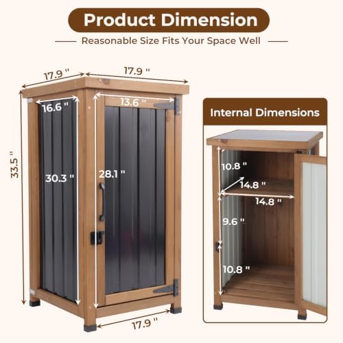 PetsCosset Small Outdoor Storage Cabinet Waterproof with Metal Top, Wood & Metal Outside Potting Bench Table Tool Organizer with Adjustable Shelf for Patio Backyard Garden