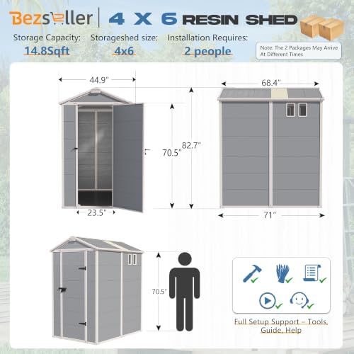 Bezseller 4x6 FT Resin Storage Shed with Floor, Light Grey