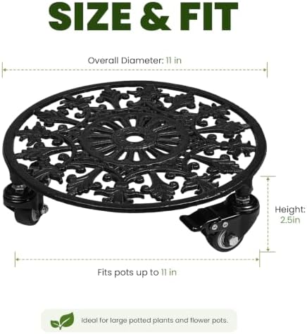 1 Pack 11" Heavy Duty Round Metal Plant Caddy with Wheels, Black