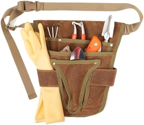 Garden Tool Belt Tool Waist Pouch Heavy Duty Waxed Canvas Adjustable DIY Utility Belt Apron Garden Waist Belt for Florists, brown