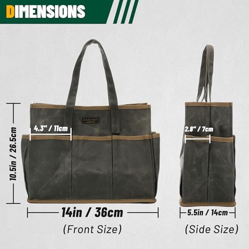 Tool Tote Bag, Heavy Duty 16oz Waxed Canvas Garden Tool Bag | Portable 11-Pocket Tool Storage Bag for Gardener Electrician Contractor Repairman (14"L x 5.5"W x 10.5"H) – Army Green