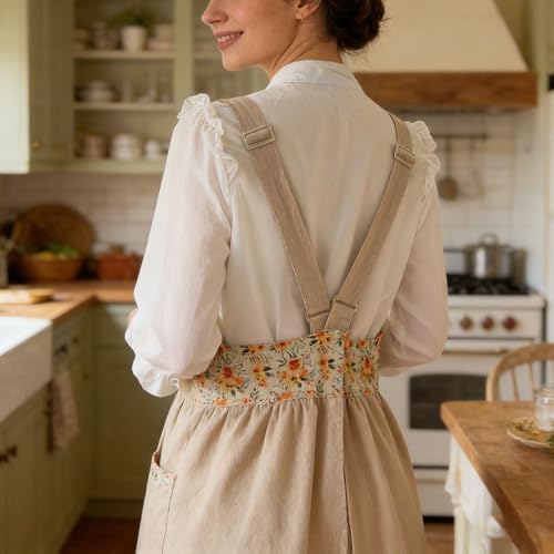 Cotton Linen Apron Cross Back Apron for Women with Pockets Pinafore Dress