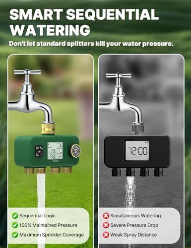 MOES 4 Zone Water Timer, Brass Fittings, Sequential Watering, No Wi-Fi