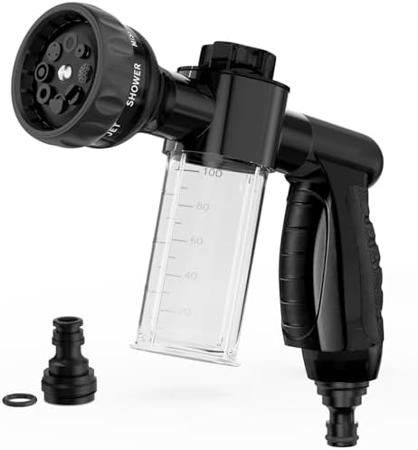 Garden Hose Nozzle, High Pressure Spray Gun Nozzle, 8 Spray Patterns for Watering Plants, Lawn, Patio, Cleaning, Showering Pet with 3.5oz/100cc Soap Dispenser Bottle