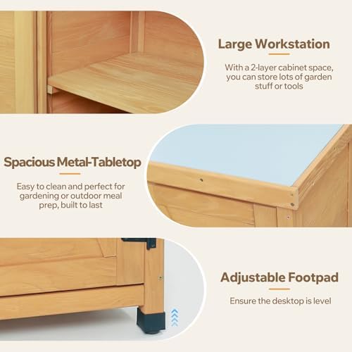Potting Bench Outdoor Storage Cabinet with Waterproof Metal Top, Wooden Garden Work Station for Tools, Backyard Deck and Balcony Organizer, Outside Hutch, 36-Inch Tall Shed, Natural